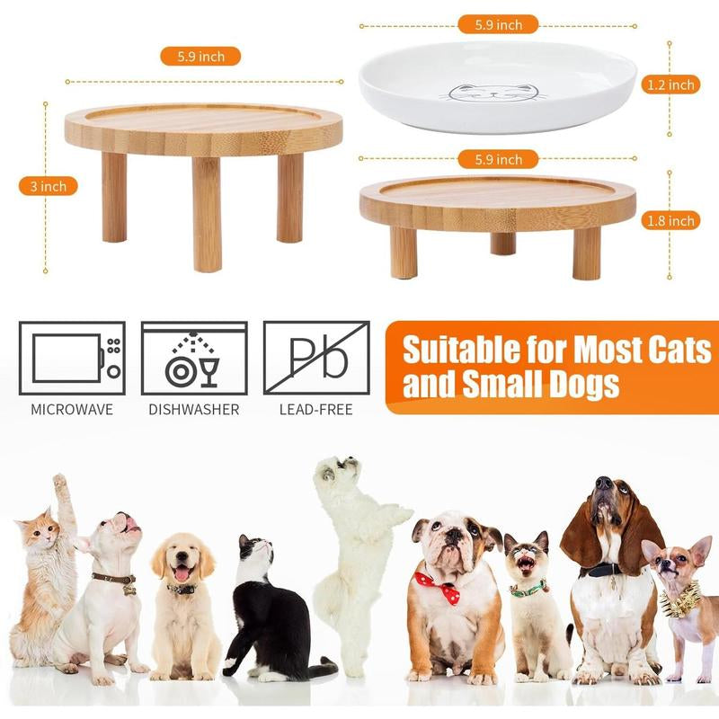 5.9 Inch Shallow Elevated Cat Bowls, Wide Raised Ceramic Cat Dishes with Bamboo Stand, Whisker Friendly Pet Water or Food Plates Feeding Station for Indoor Cats, Kitten(White,Set of 2)