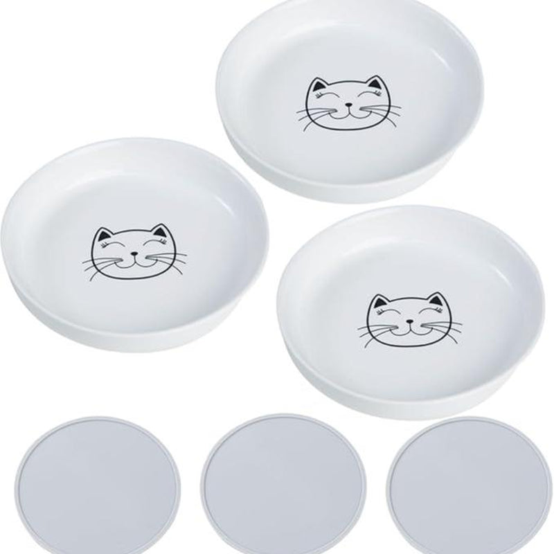 5.9 Inch Shallow Elevated Cat Bowls, Wide Raised Ceramic Cat Dishes with Bamboo Stand, Whisker Friendly Pet Water or Food Plates Feeding Station for Indoor Cats, Kitten(White,Set of 2)