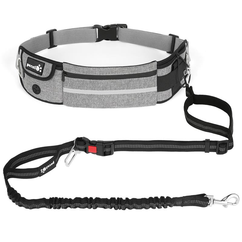 Pecute Hands Free Dog Leash with Pouch, Waist Belt Fanny Pack with Soft Padds, Dual Padded Handles and Durable Bungee (Up to 220Lbs)