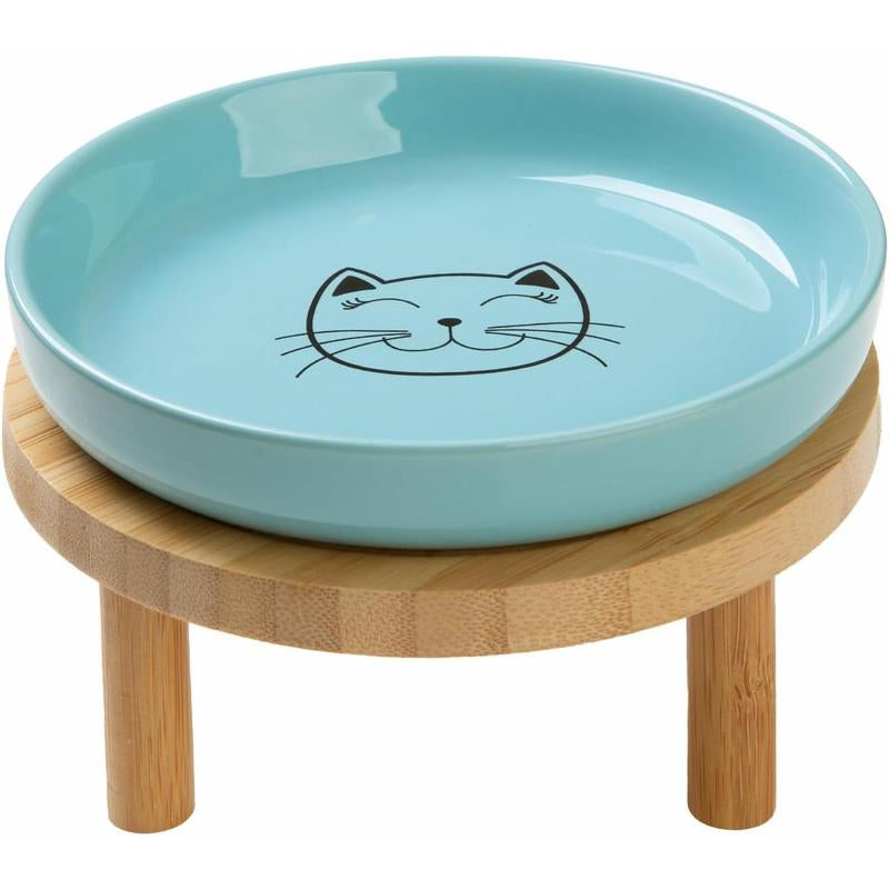 5.9 Inch Shallow Elevated Cat Bowls, Wide Raised Ceramic Cat Dishes with Bamboo Stand, Whisker Friendly Pet Water or Food Plates Feeding Station for Indoor Cats, Kitten(White,Set of 2)