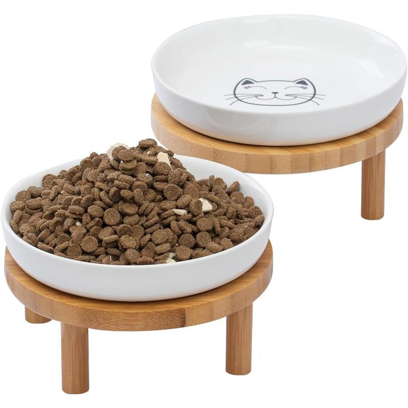 5.9 Inch Shallow Elevated Cat Bowls, Wide Raised Ceramic Cat Dishes with Bamboo Stand, Whisker Friendly Pet Water or Food Plates Feeding Station for Indoor Cats, Kitten(White,Set of 2)