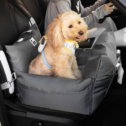 FUNNYFUZZY Waterproof First Class Dog Car Seat Bed with Adjustable, Seat Belt, Cushion Design, Bolster Support, Non-Skid Bottom, Dual-Sided Pillow, Use for Front or Back Seats, Detachable Design, Removable Cover, Machine Washable, 2 Ways to Carry