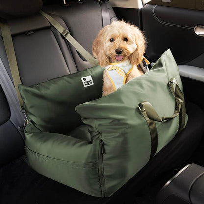 FUNNYFUZZY Waterproof First Class Dog Car Seat Bed with Adjustable, Seat Belt, Cushion Design, Bolster Support, Non-Skid Bottom, Dual-Sided Pillow, Use for Front or Back Seats, Detachable Design, Removable Cover, Machine Washable, 2 Ways to Carry