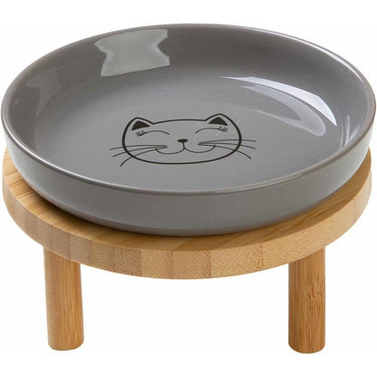 5.9 Inch Shallow Elevated Cat Bowls, Wide Raised Ceramic Cat Dishes with Bamboo Stand, Whisker Friendly Pet Water or Food Plates Feeding Station for Indoor Cats, Kitten(White,Set of 2)