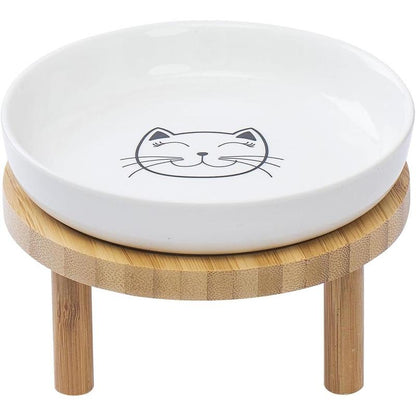 5.9 Inch Shallow Elevated Cat Bowls, Wide Raised Ceramic Cat Dishes with Bamboo Stand, Whisker Friendly Pet Water or Food Plates Feeding Station for Indoor Cats, Kitten(White,Set of 2)